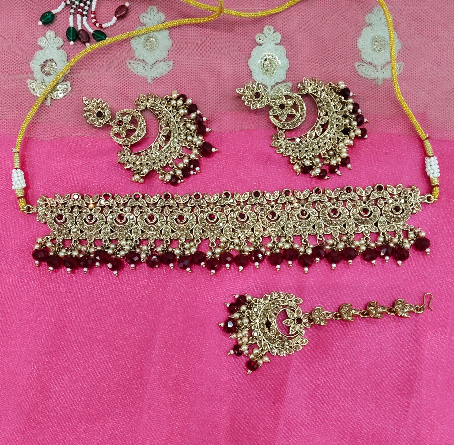Maroon Crystal Stone Choker Jewellery Siraj Set