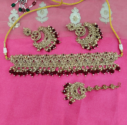 Maroon Crystal Stone Choker Jewellery Siraj Set