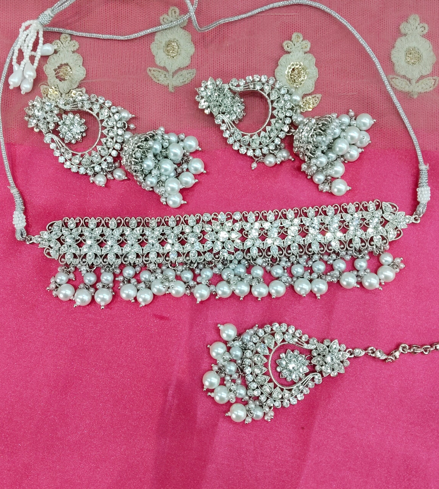 Silver White Crystal Stone Choker Jhumka Jewellery Siraj Set