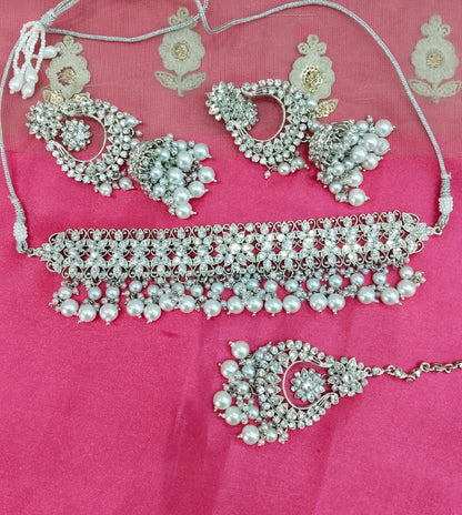 Silver White Crystal Stone Choker Jhumka Jewellery Siraj Set