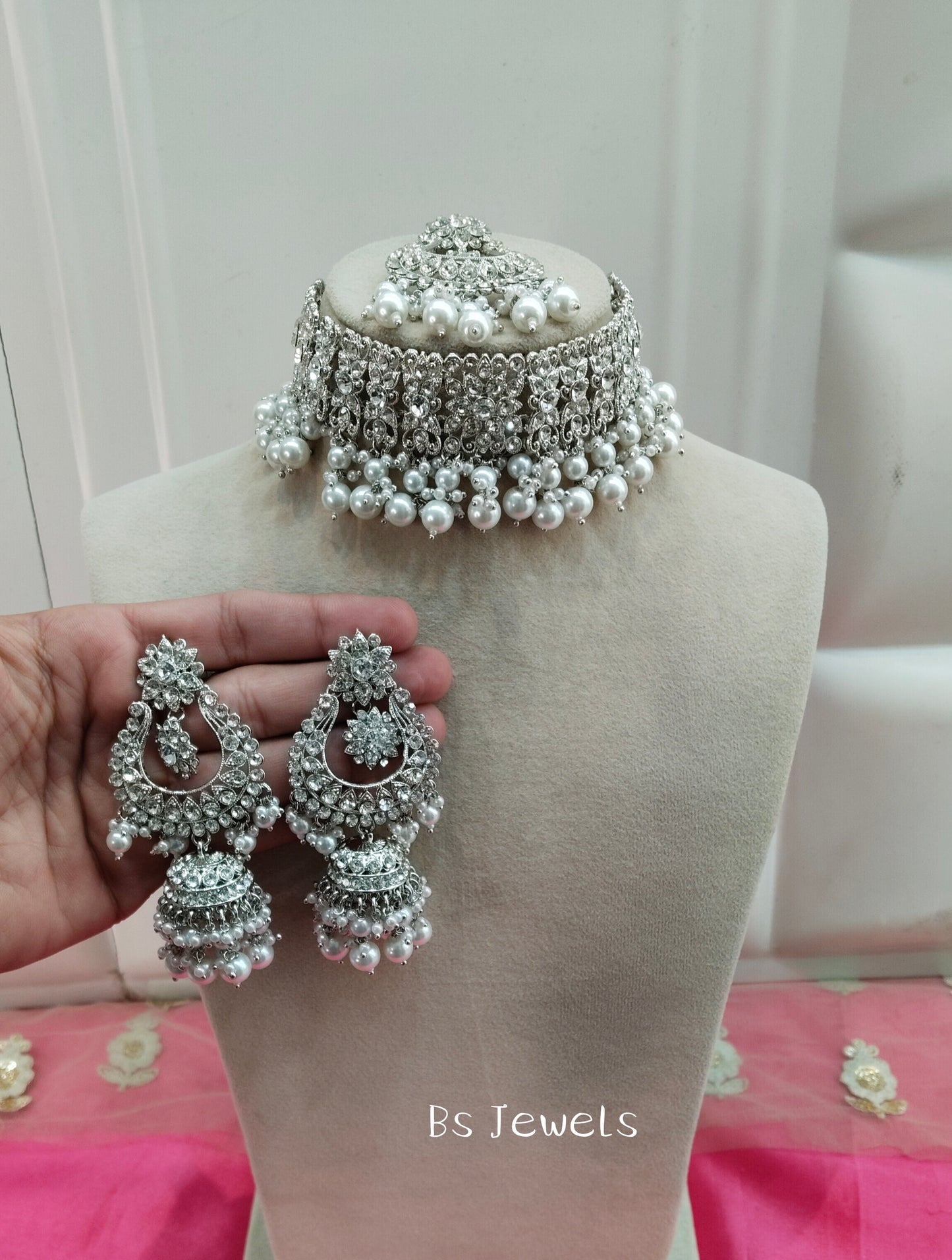 Silver White Crystal Stone Choker Jhumka Jewellery Siraj Set