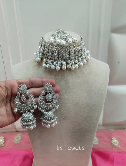 Silver White Crystal Stone Choker Jhumka Jewellery Siraj Set