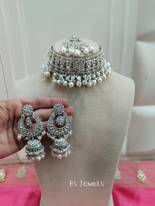 Silver White Crystal Stone Choker Jhumka Jewellery Siraj Set