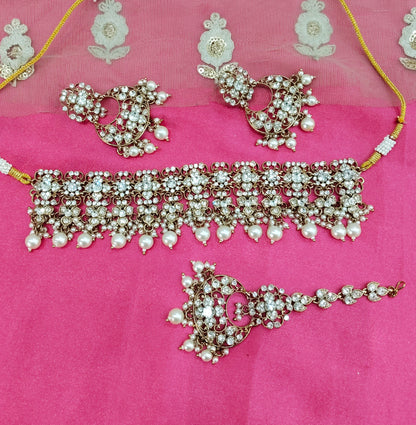 Antique White Crystal Stone Choker Jewellery Siraj Set