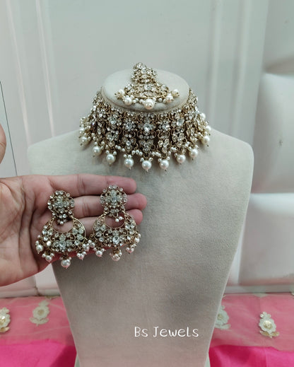 Antique White Crystal Stone Choker Jewellery Siraj Set