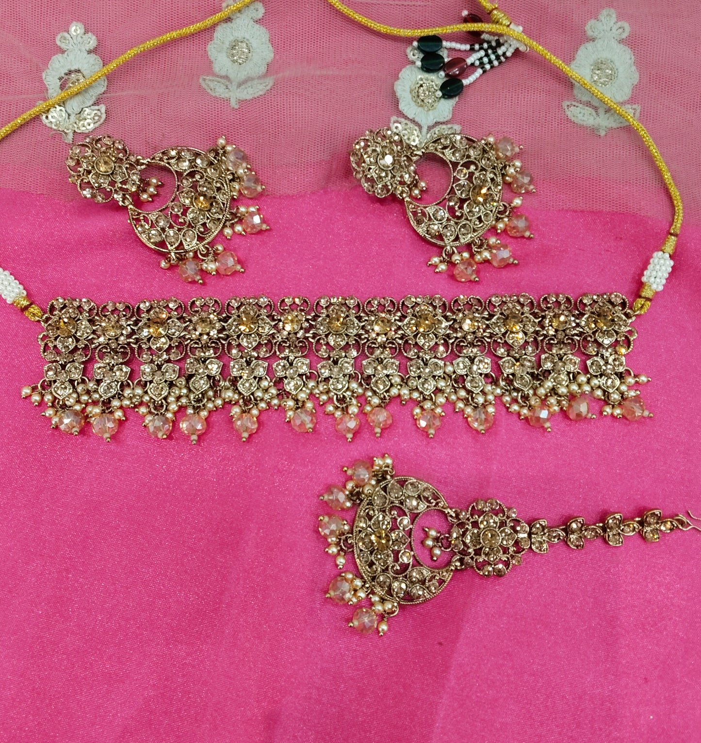 Antique Gold Crystal Stone Choker Jewellery Siraj Set