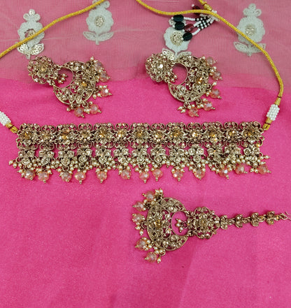 Antique Gold Crystal Stone Choker Jewellery Siraj Set