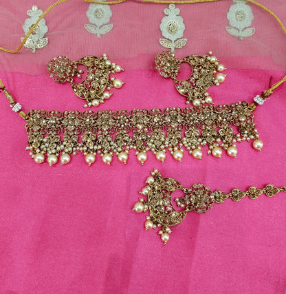 Antique Gold Crystal Stone Choker Jewellery Siraj Set