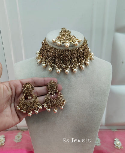 Antique Gold Crystal Stone Choker Jewellery Siraj Set