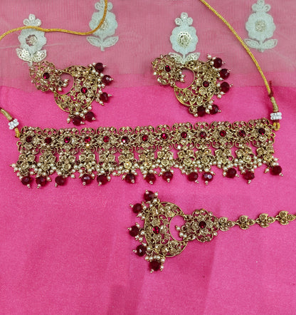 Maroon Crystal Stone Choker Jewellery Siraj Set