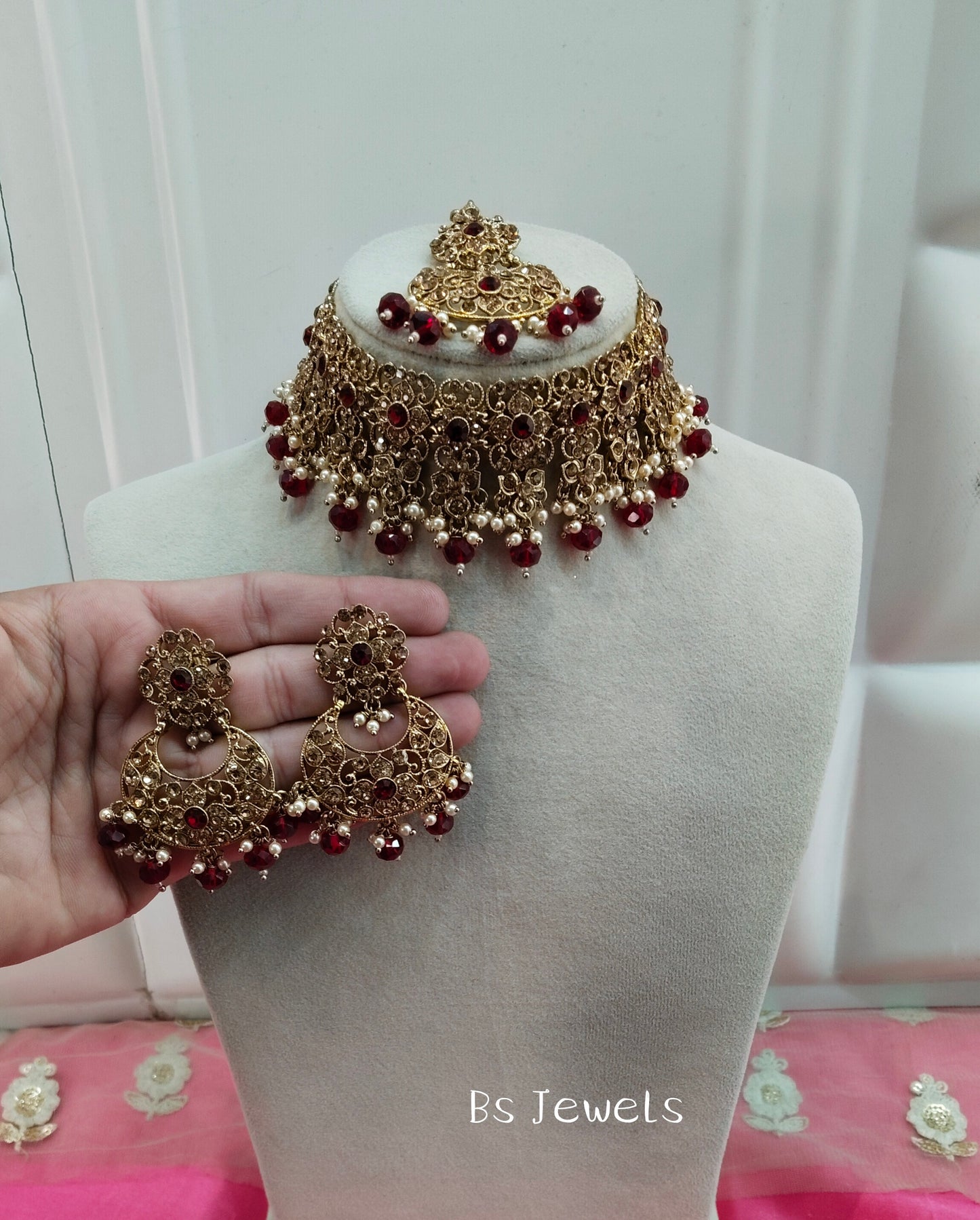 Maroon Crystal Stone Choker Jewellery Siraj Set