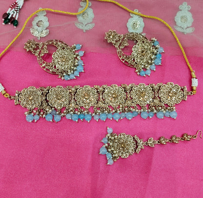 Sky Blue Crystal Stone Choker Jewellery Siraj Set