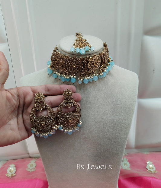 Sky Blue Crystal Stone Choker Jewellery Siraj Set