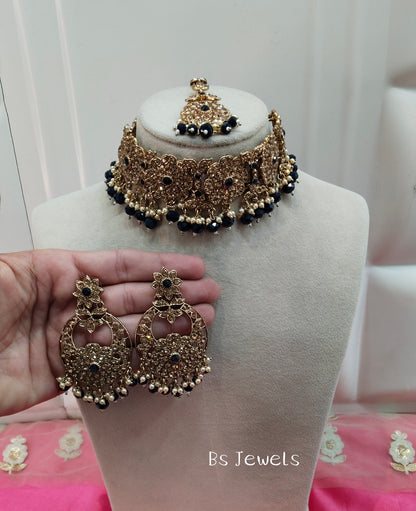 Blue Crystal Stone Choker Jewellery Siraj Set