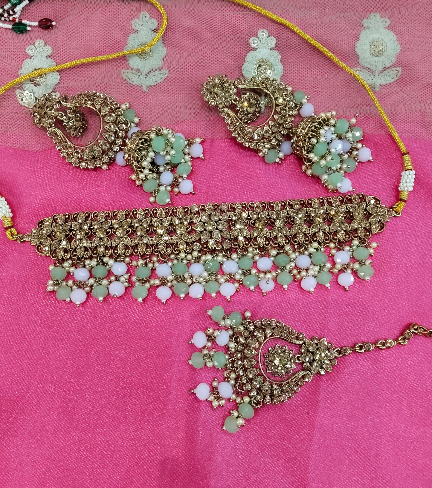 Mint Pink Crystal Stone Choker Jhumka Jewellery Siraj Set