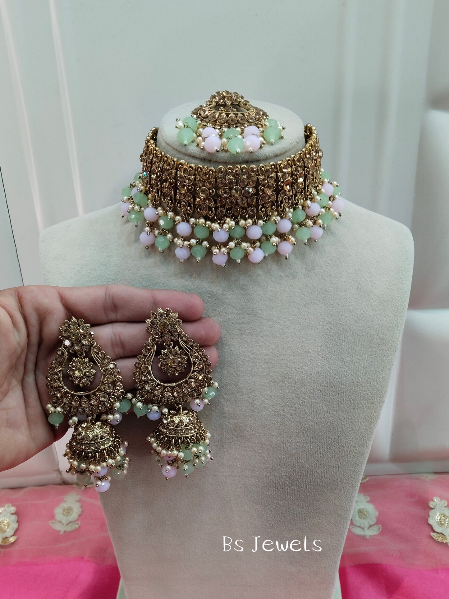 Mint Pink Crystal Stone Choker Jhumka Jewellery Siraj Set