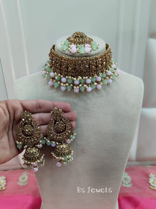 Mint Pink Crystal Stone Choker Jhumka Jewellery Siraj Set
