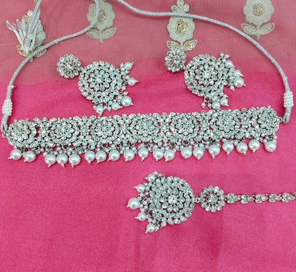 Silver White Crystal Stone Choker Jewellery Siraj Set