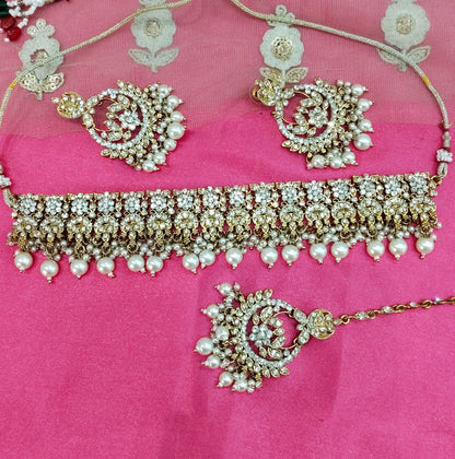 Antique White Crystal Stone Choker Jewellery Siraj Set