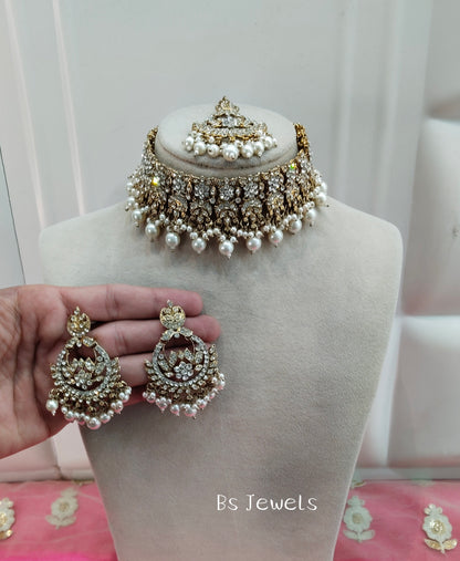 Antique White Crystal Stone Choker Jewellery Siraj Set