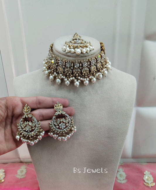 Antique White Crystal Stone Choker Jewellery Siraj Set