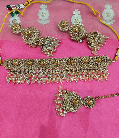 Antique White Crystal Stone Choker Jhumka Jewellery Siraj Set