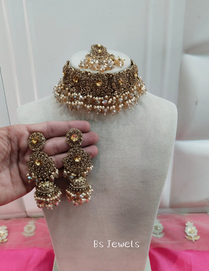 Antique White Crystal Stone Choker Jhumka Jewellery Siraj Set