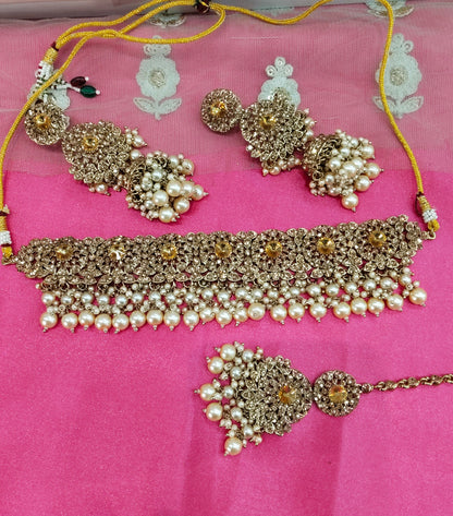 Antique White Crystal Stone Choker Jhumka Jewellery Siraj Set