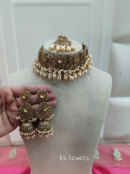 Antique White Crystal Stone Choker Jhumka Jewellery Siraj Set