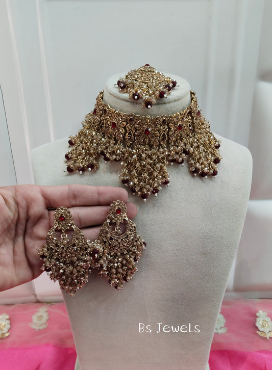 Maroon Crystal Stone Choker Jewellery Siraj Set