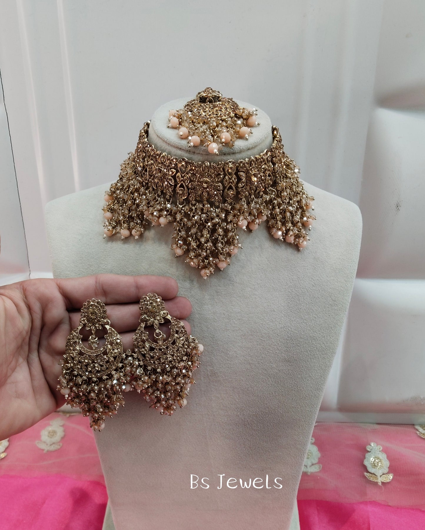 Peach Crystal Stone Choker Jewellery Siraj Set