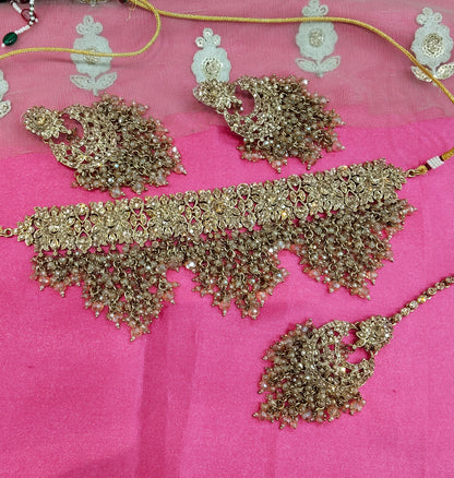 Antique Gold Crystal Stone Choker Jewellery Siraj Set