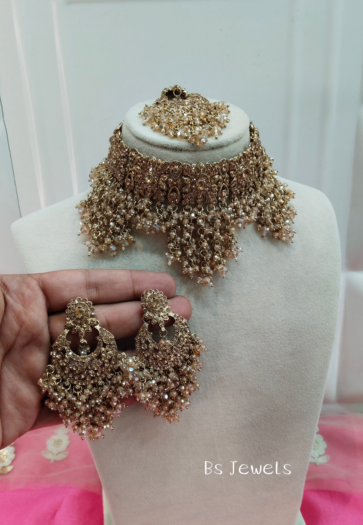 Antique Gold Crystal Stone Choker Jewellery Siraj Set