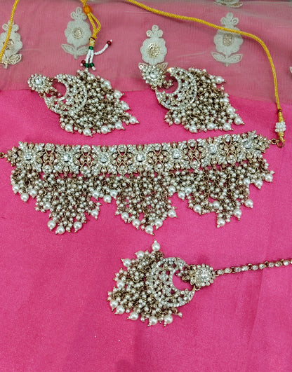 Antique White Crystal Stone Choker Jewellery Siraj Set