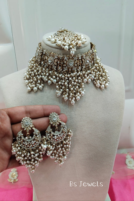 Antique White Crystal Stone Choker Jewellery Siraj Set