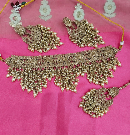 Antique Gold Crystal Stone Choker Jewellery Siraj Set