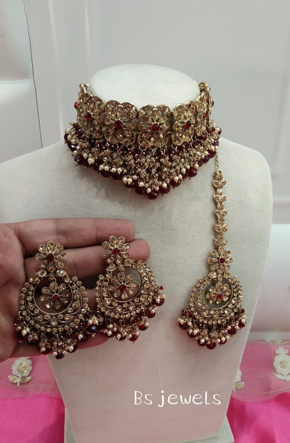 Maroon Crystal Stone Choker Jewellery Sejal Set