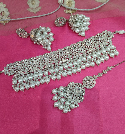 Silver White Crystal Stone Choker Jhumka Jewellery Sejal Set