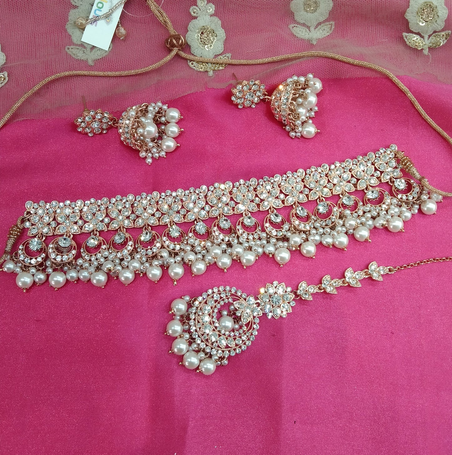 Rose White Crystal Stone Choker Jhumka Jewellery Sejal Set