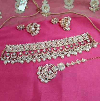 Rose White Crystal Stone Choker Jhumka Jewellery Sejal Set
