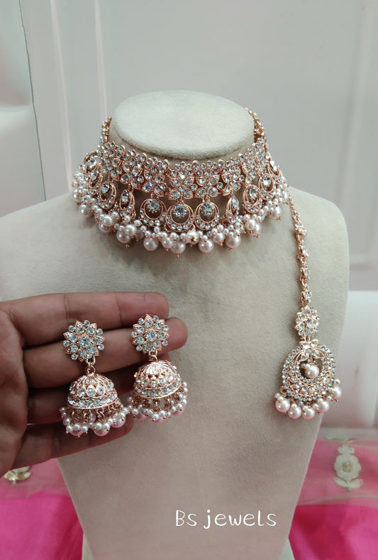 Rose White Crystal Stone Choker Jhumka Jewellery Sejal Set