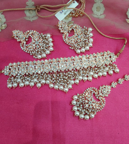 Rose White Crystal Stone Choker Jewellery Sejal Set