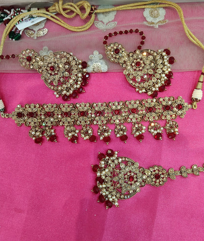 Maroon Crystal Stone Choker Jewellery Sejal Set