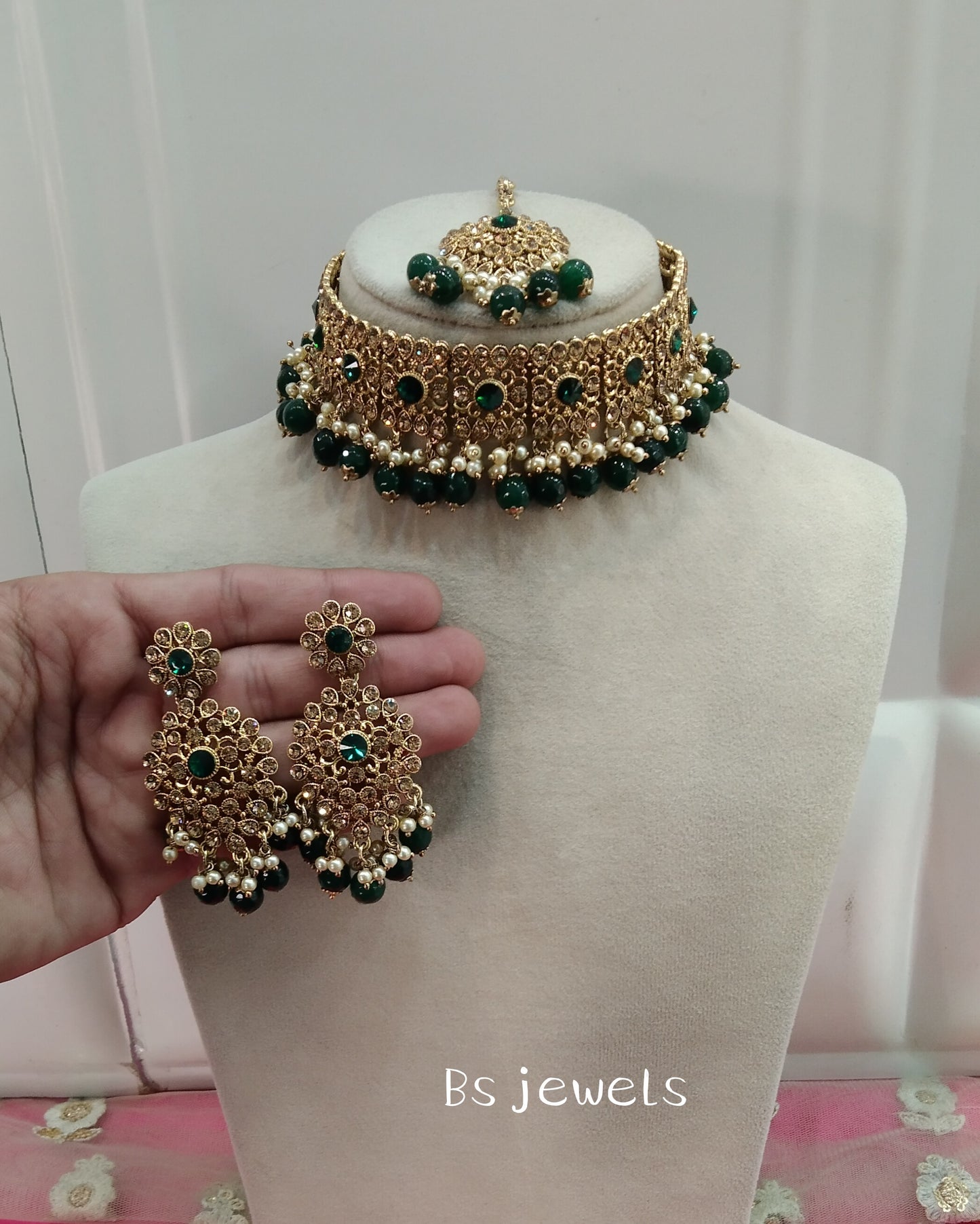 Green Crystal Stone Choker Jewellery Sejal Set