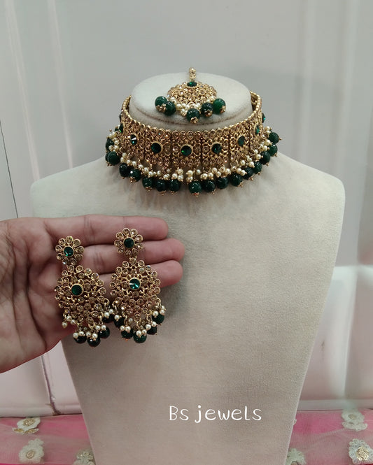 Green Crystal Stone Choker Jewellery Sejal Set