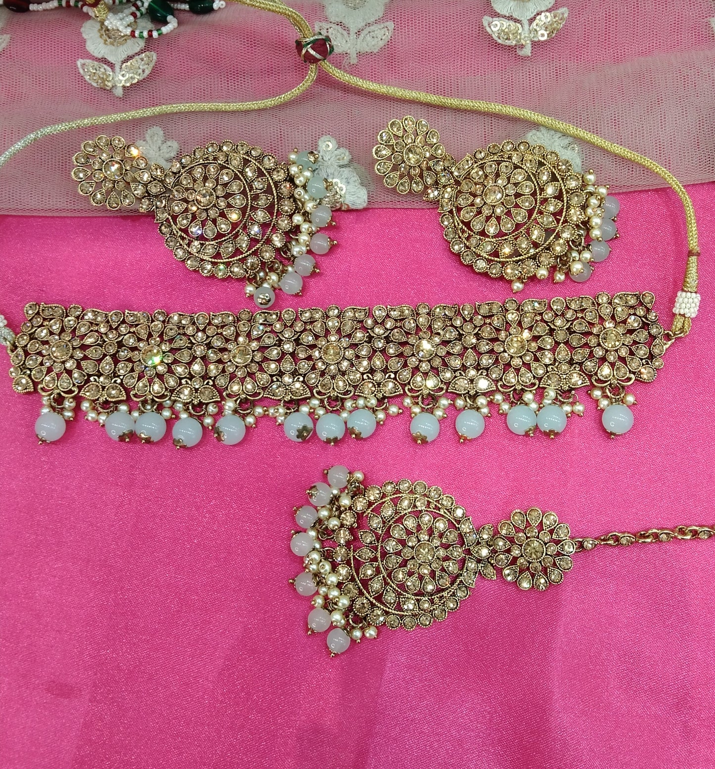 Sea Green Crystal Stone Choker Jewellery Sejal Set