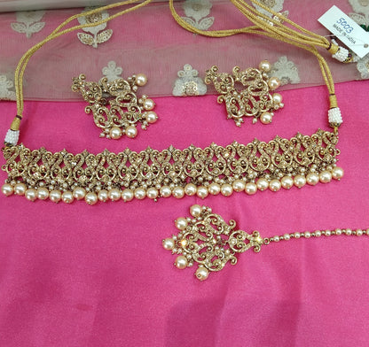 Antique Gold Crystal Stone Choker Jewellery Sejal Set