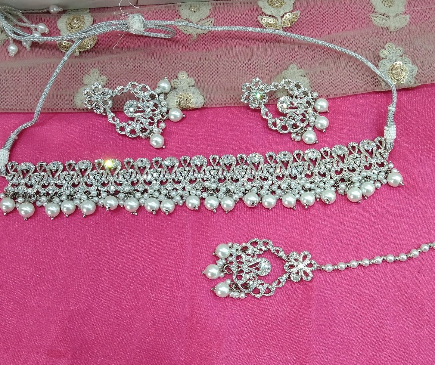 Silver White Crystal Stone Choker Jewellery Sejal Set