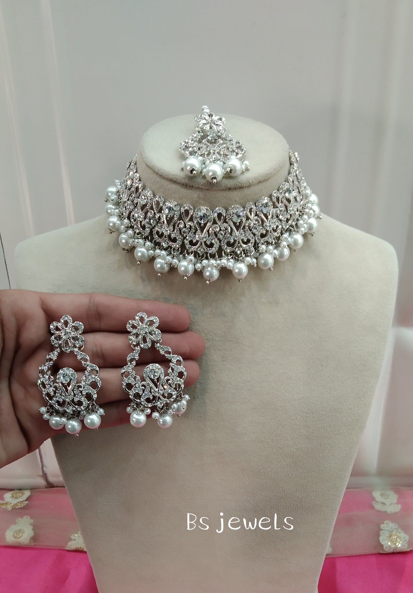 Silver White Crystal Stone Choker Jewellery Sejal Set