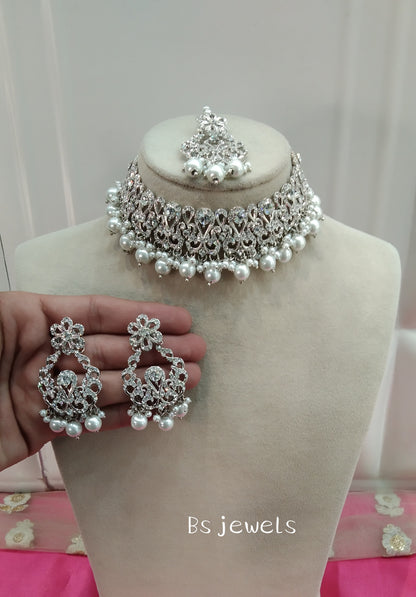 Silver White Crystal Stone Choker Jewellery Sejal Set